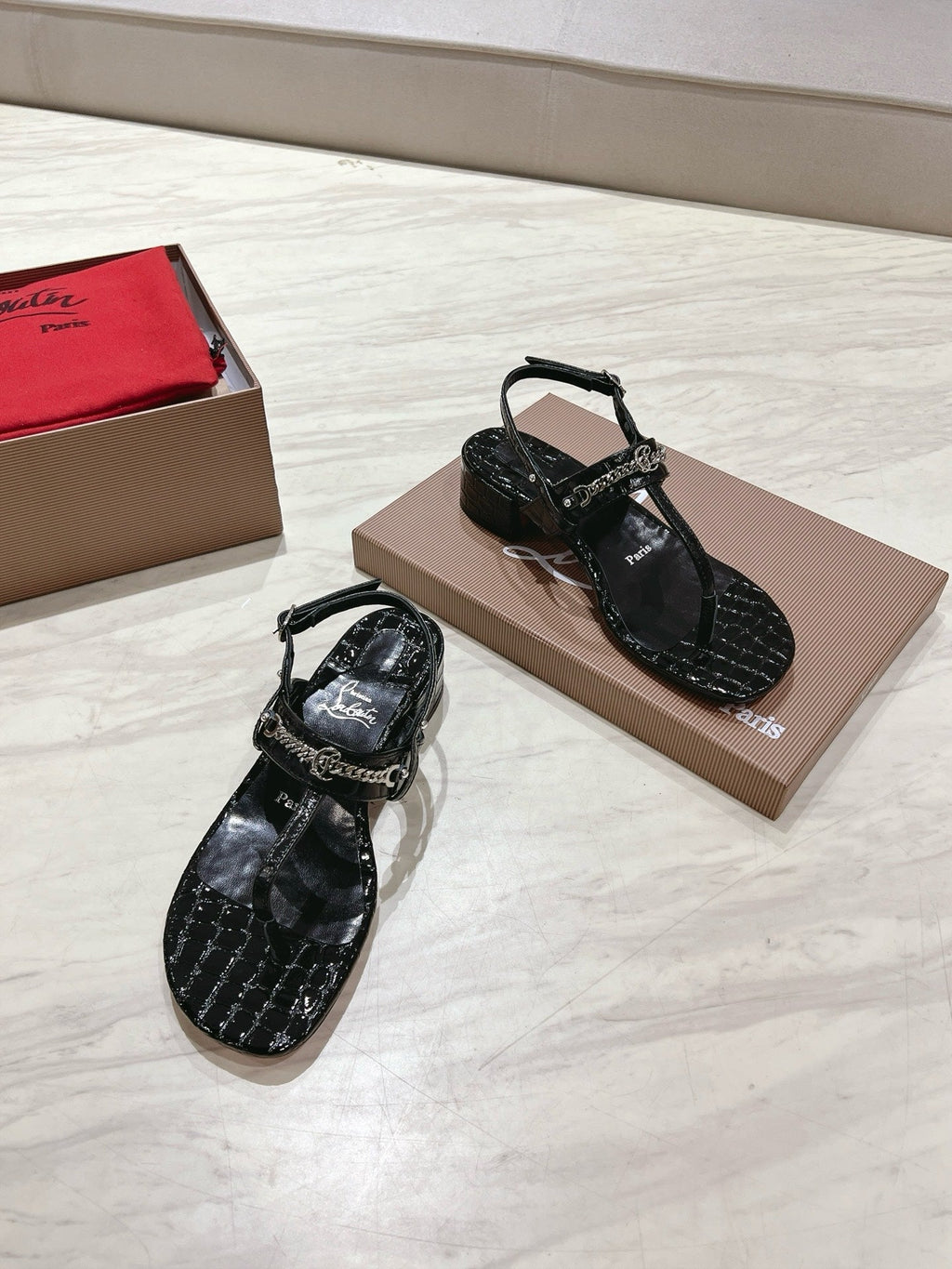 THONG SANDALS SLINGBACK 25MM IN SNAKE-EFFECT BLACK CALFSKIN
