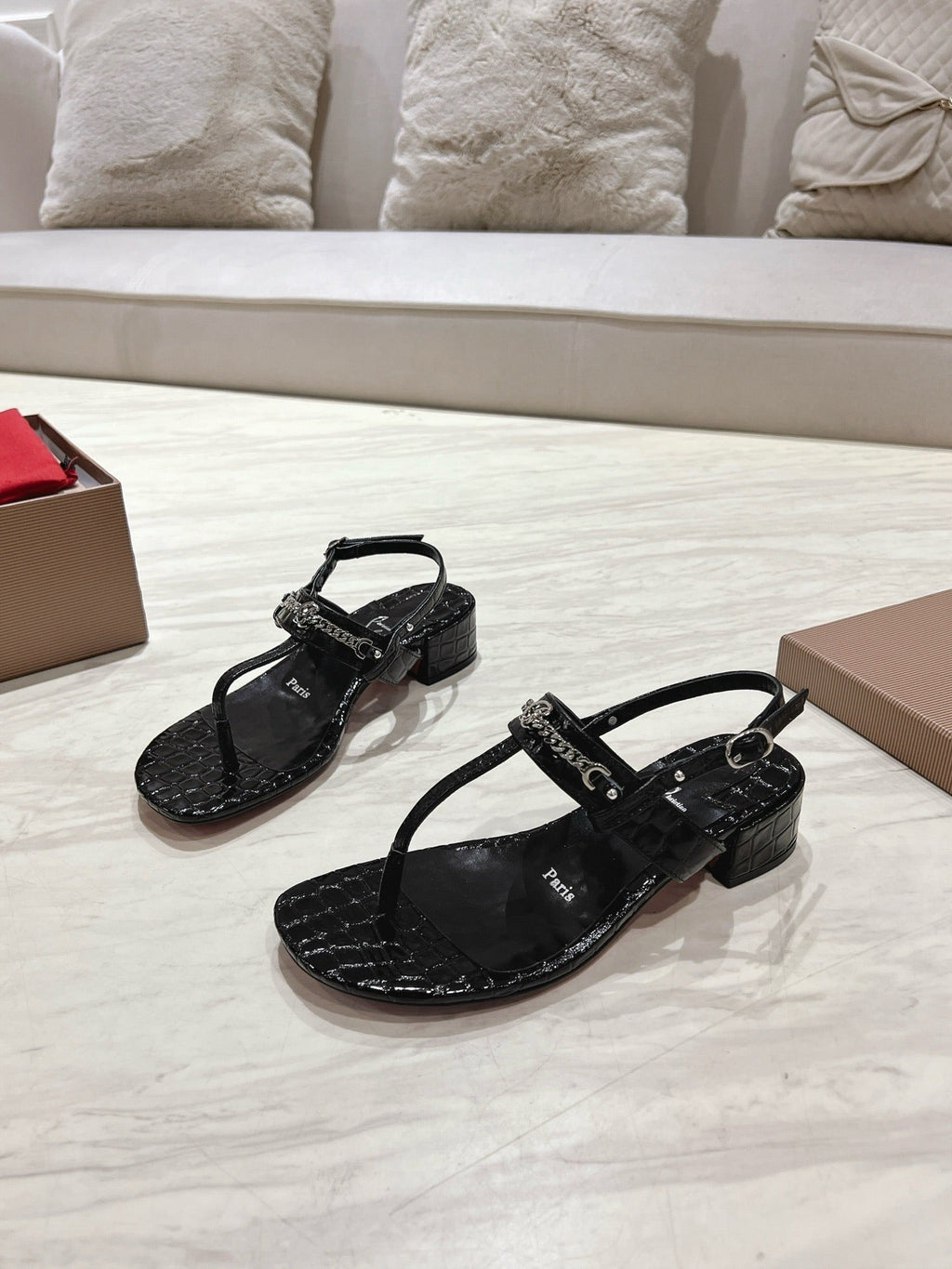 THONG SANDALS SLINGBACK 25MM IN SNAKE-EFFECT BLACK CALFSKIN