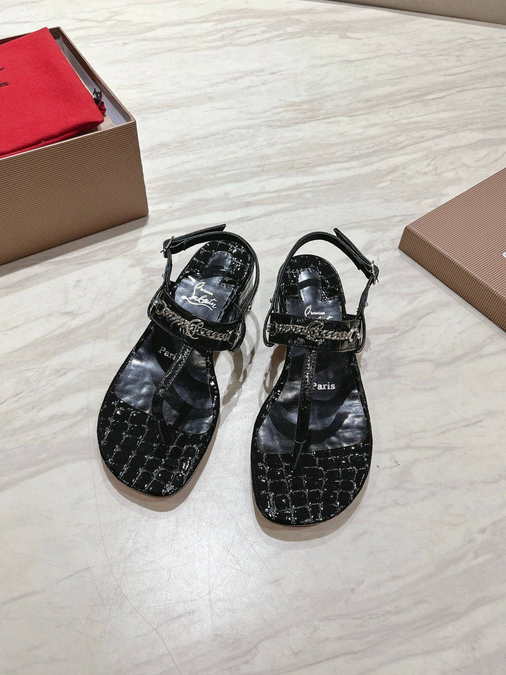 THONG SANDALS SLINGBACK 25MM IN SNAKE-EFFECT BLACK CALFSKIN