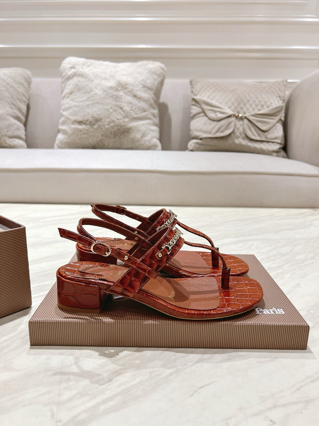 THONG SANDALS SLINGBACK 25MM IN SNAKE-EFFECT BURNT ORANGE CALFSKIN
