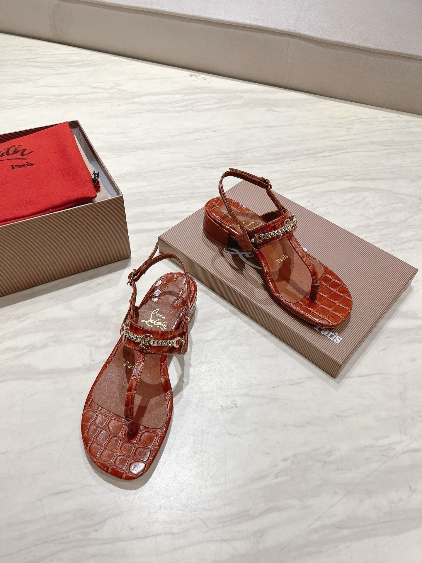 THONG SANDALS SLINGBACK 25MM IN SNAKE-EFFECT BURNT ORANGE CALFSKIN