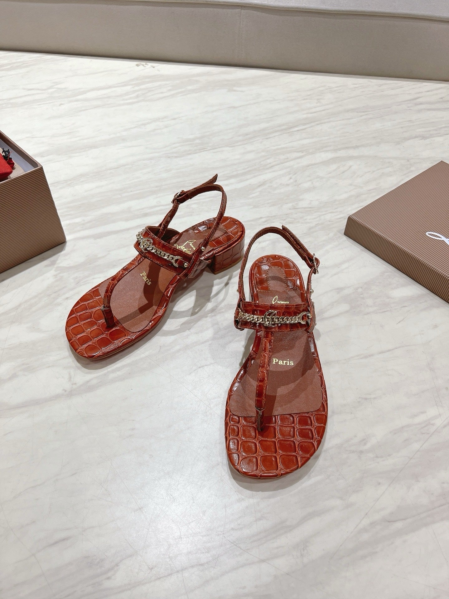 THONG SANDALS SLINGBACK 25MM IN SNAKE-EFFECT BURNT ORANGE CALFSKIN
