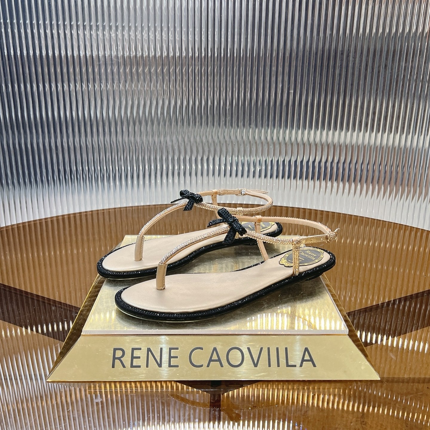RENE CAOVILLA THONG SANDALS IN BEIGE MIX BLACK CALFSKIN