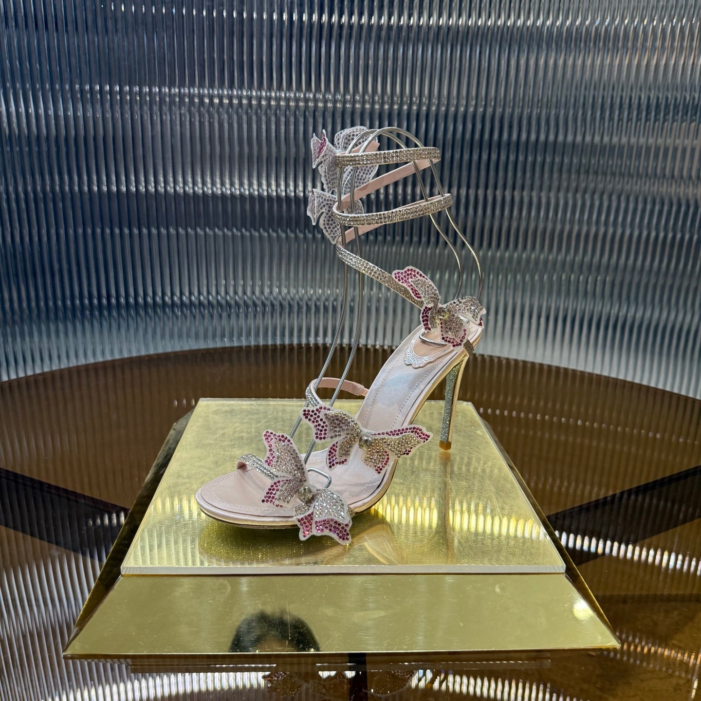 RENE CAOVILLA 26S FLORIANE HIGH HEELS 95 MM IN BEIGE LAMBSKIN BUTTERFLY EMBELLISHED STRAP