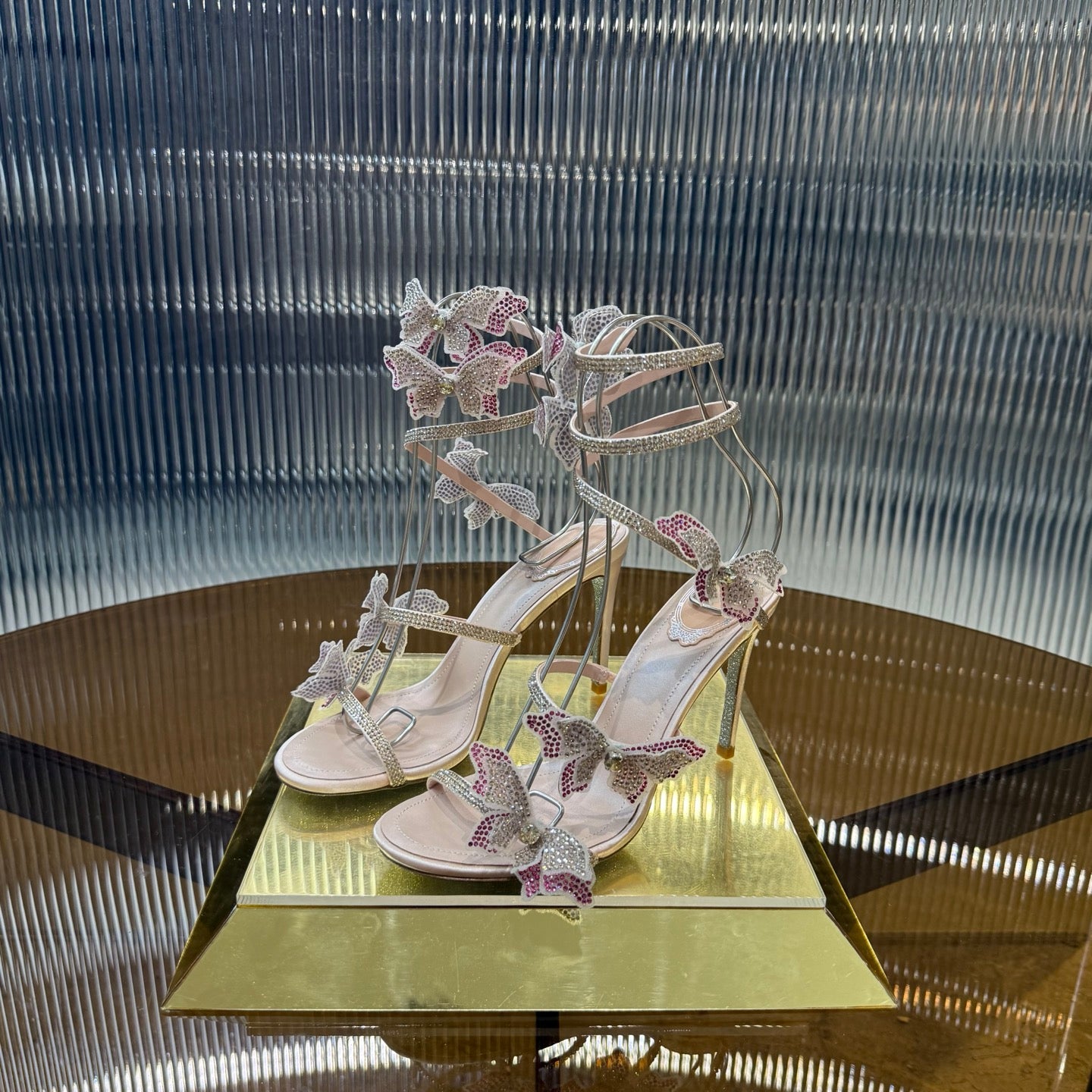RENE CAOVILLA 26S FLORIANE HIGH HEELS 95 MM IN BEIGE LAMBSKIN BUTTERFLY EMBELLISHED STRAP