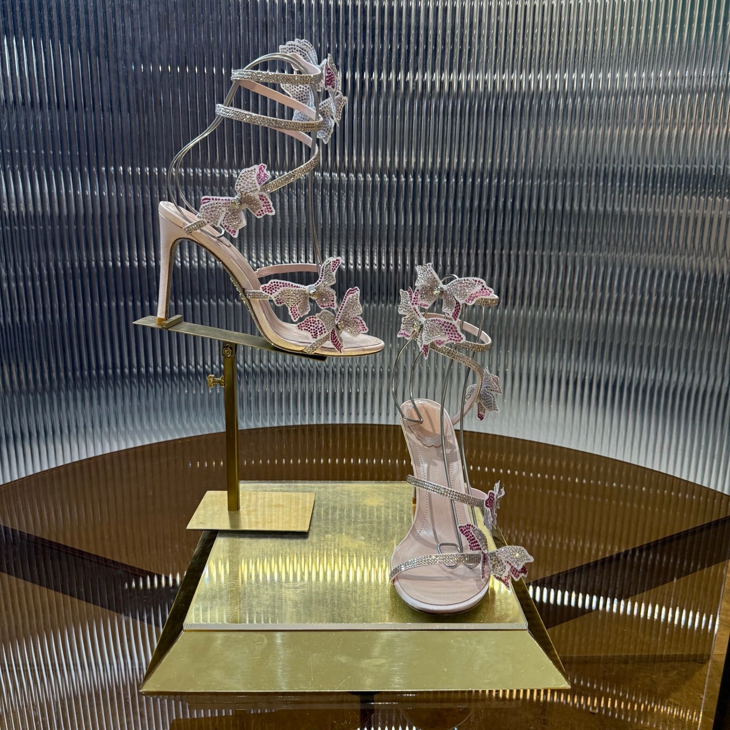 RENE CAOVILLA 26S FLORIANE HIGH HEELS 95 MM IN BEIGE LAMBSKIN BUTTERFLY EMBELLISHED STRAP