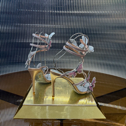 RENE CAOVILLA 26S FLORIANE HIGH HEELS 95 MM IN NUDE PINK LAMBSKIN BUTTERFLY EMBELLISHED STRAP