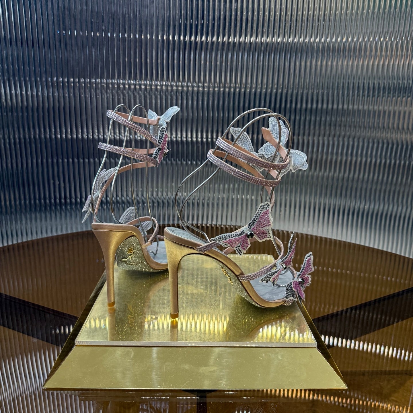 RENE CAOVILLA 26S FLORIANE HIGH HEELS 95 MM IN NUDE PINK LAMBSKIN BUTTERFLY EMBELLISHED STRAP