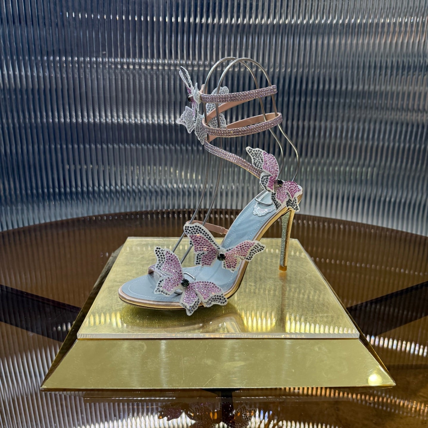 RENE CAOVILLA 26S FLORIANE HIGH HEELS 95 MM IN NUDE PINK LAMBSKIN BUTTERFLY EMBELLISHED STRAP