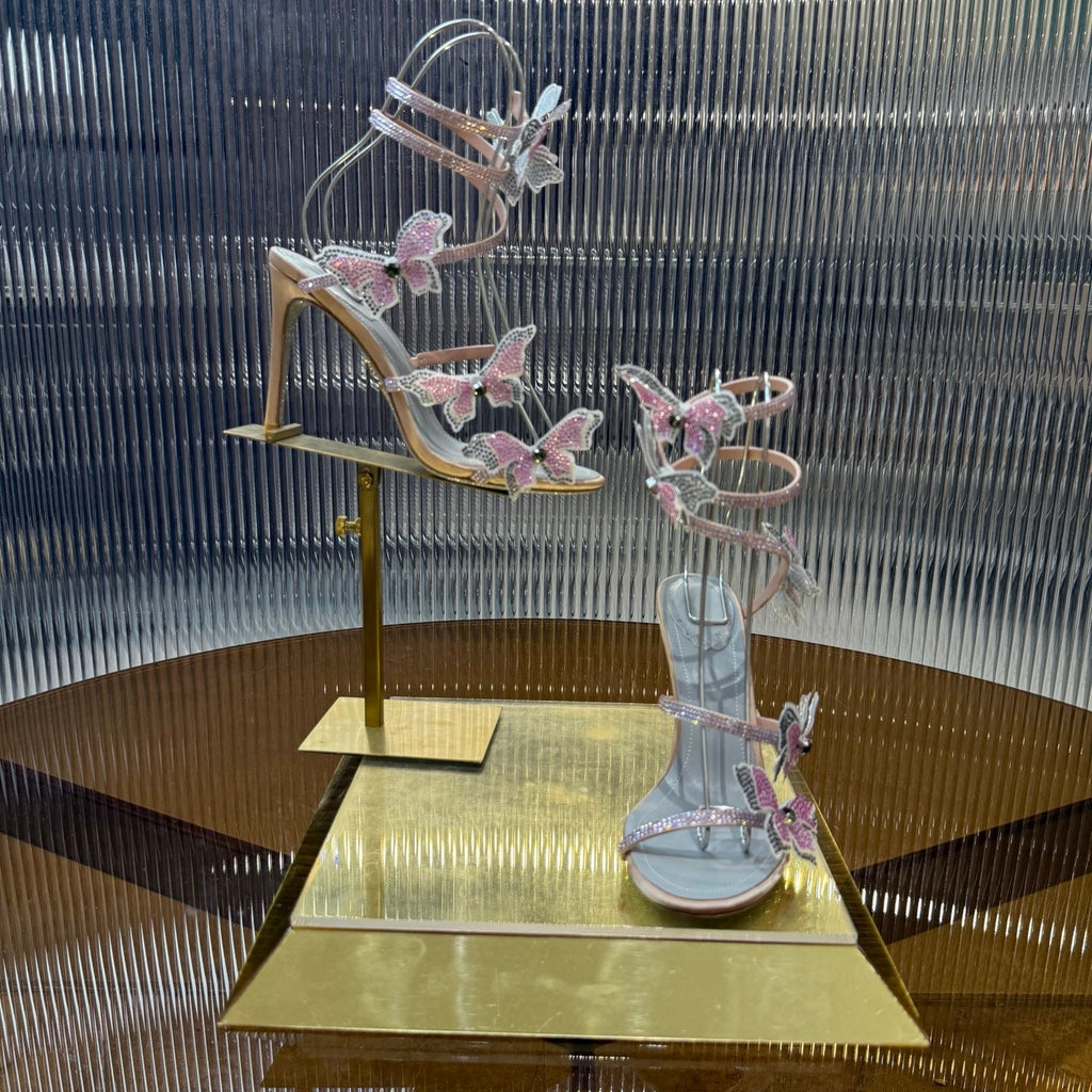 RENE CAOVILLA 26S FLORIANE HIGH HEELS 95 MM IN NUDE PINK LAMBSKIN BUTTERFLY EMBELLISHED STRAP