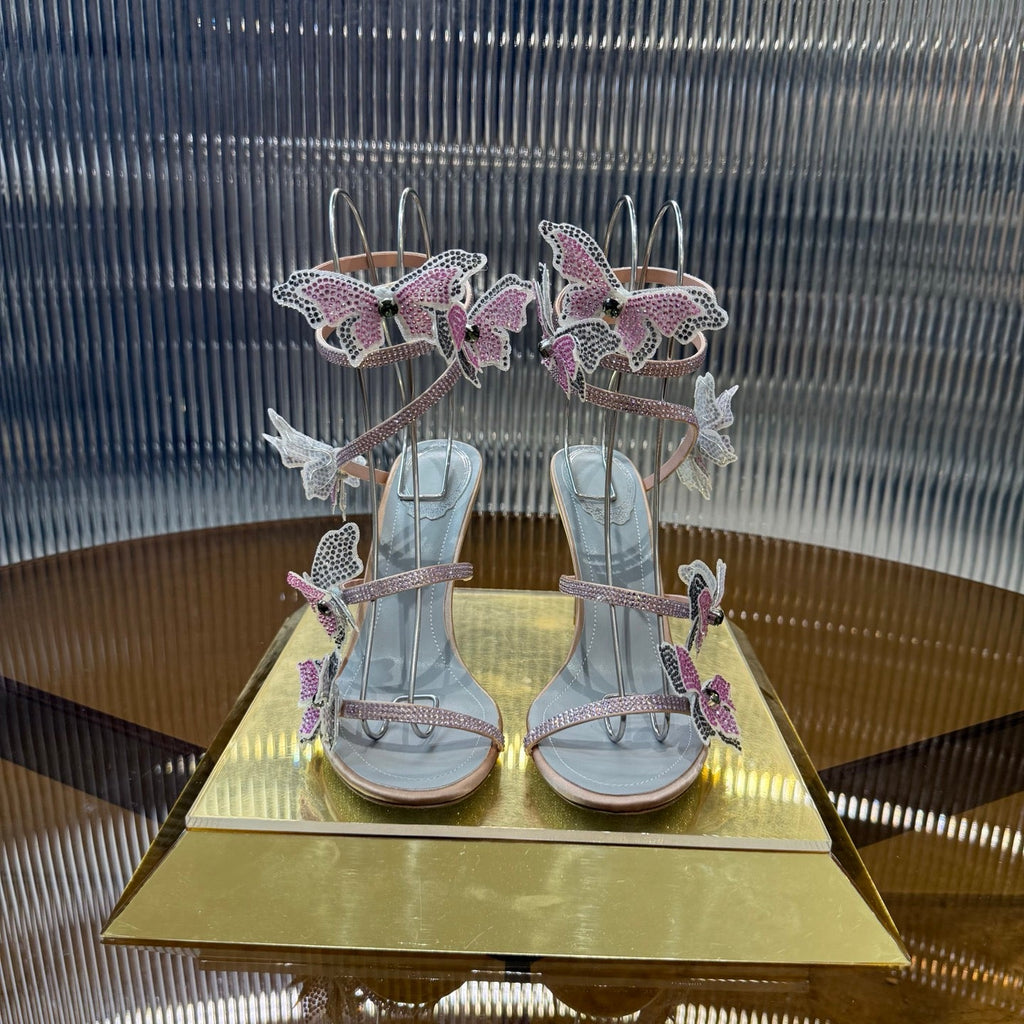 RENE CAOVILLA 26S FLORIANE HIGH HEELS 95 MM IN NUDE PINK LAMBSKIN BUTTERFLY EMBELLISHED STRAP