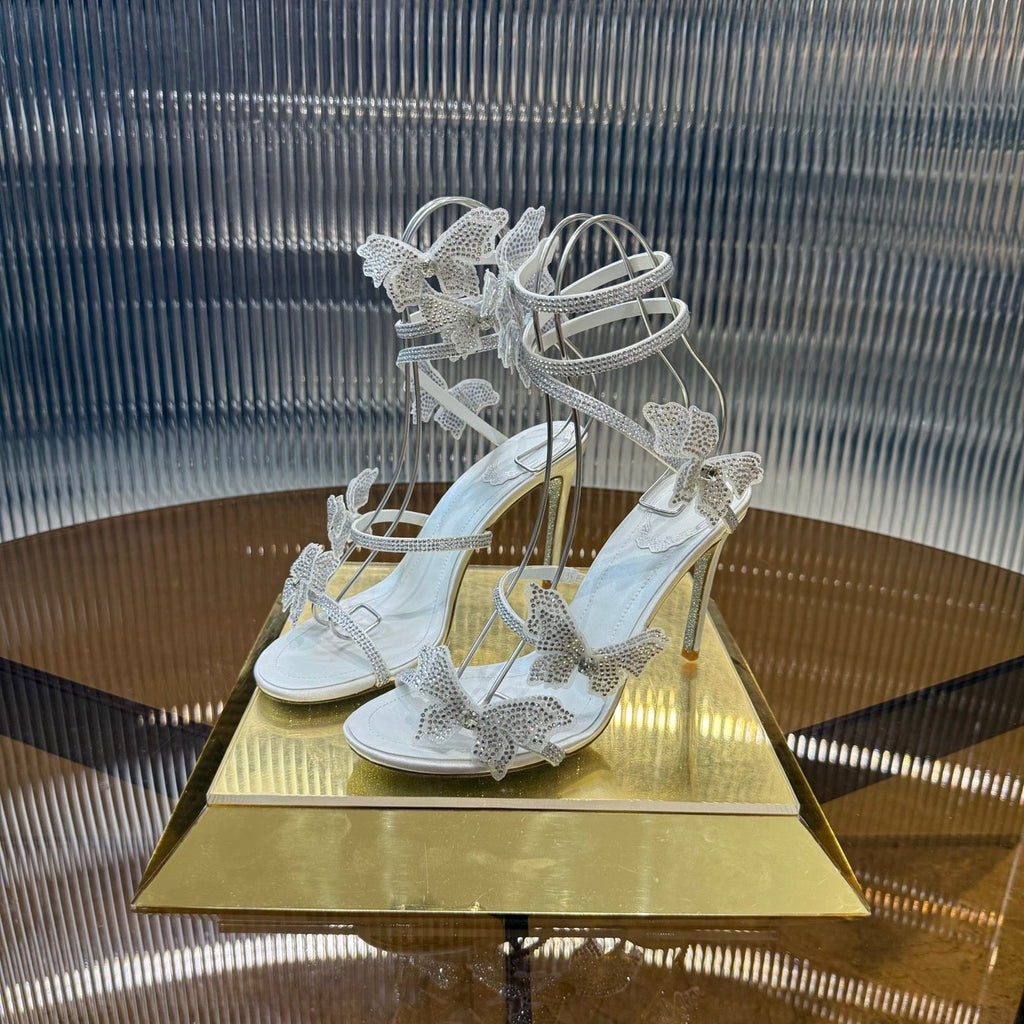 RENE CAOVILLA 26S FLORIANE HIGH HEELS 95 MM IN WHITE LAMBSKIN BUTTERFLY EMBELLISHED STRAP