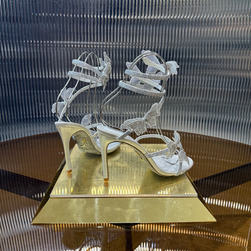 RENE CAOVILLA 26S FLORIANE HIGH HEELS 95 MM IN WHITE LAMBSKIN BUTTERFLY EMBELLISHED STRAP
