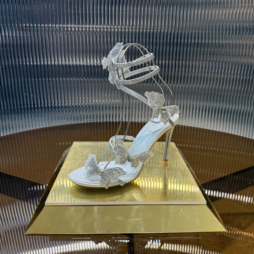 RENE CAOVILLA 26S FLORIANE HIGH HEELS 95 MM IN WHITE LAMBSKIN BUTTERFLY EMBELLISHED STRAP