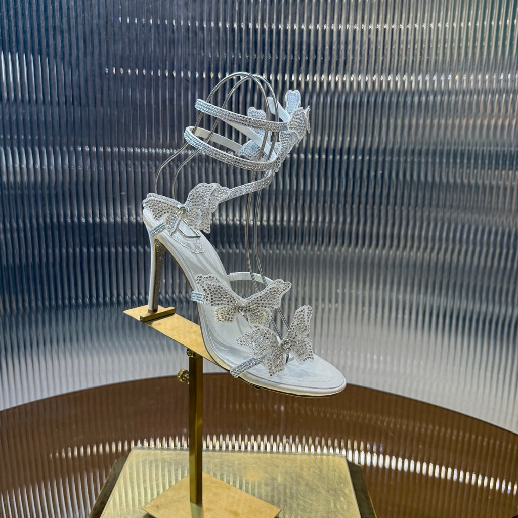 RENE CAOVILLA 26S FLORIANE HIGH HEELS 95 MM IN WHITE LAMBSKIN BUTTERFLY EMBELLISHED STRAP