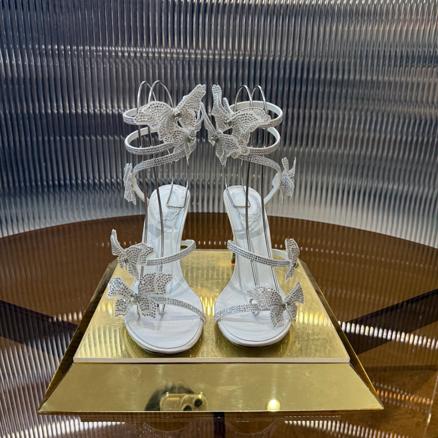 RENE CAOVILLA 26S FLORIANE HIGH HEELS 95 MM IN WHITE LAMBSKIN BUTTERFLY EMBELLISHED STRAP