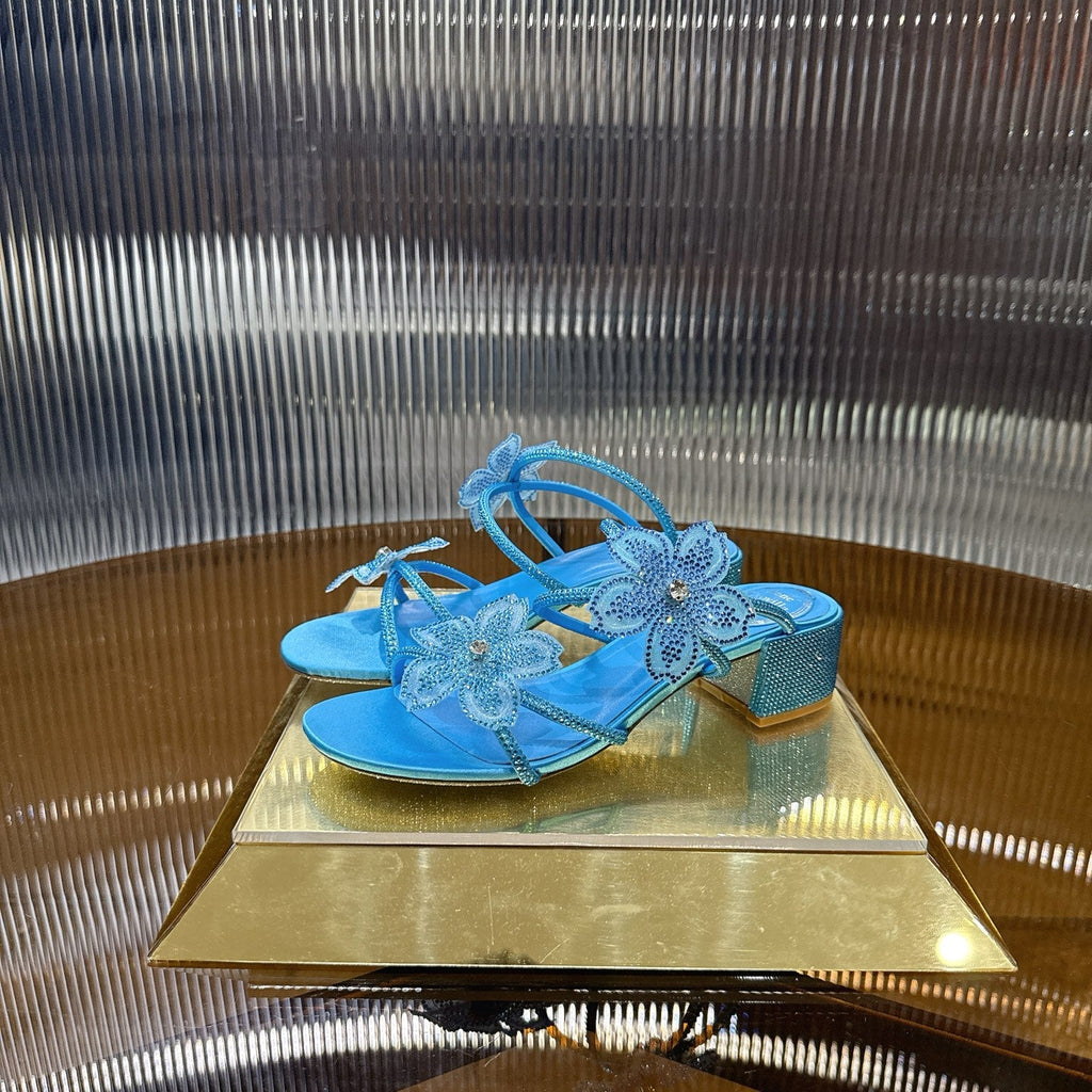 RENE CAOVILLA 26S FLOWER EMBELLISHED HEELS 45 MM IN BLUE LAMBSKIN