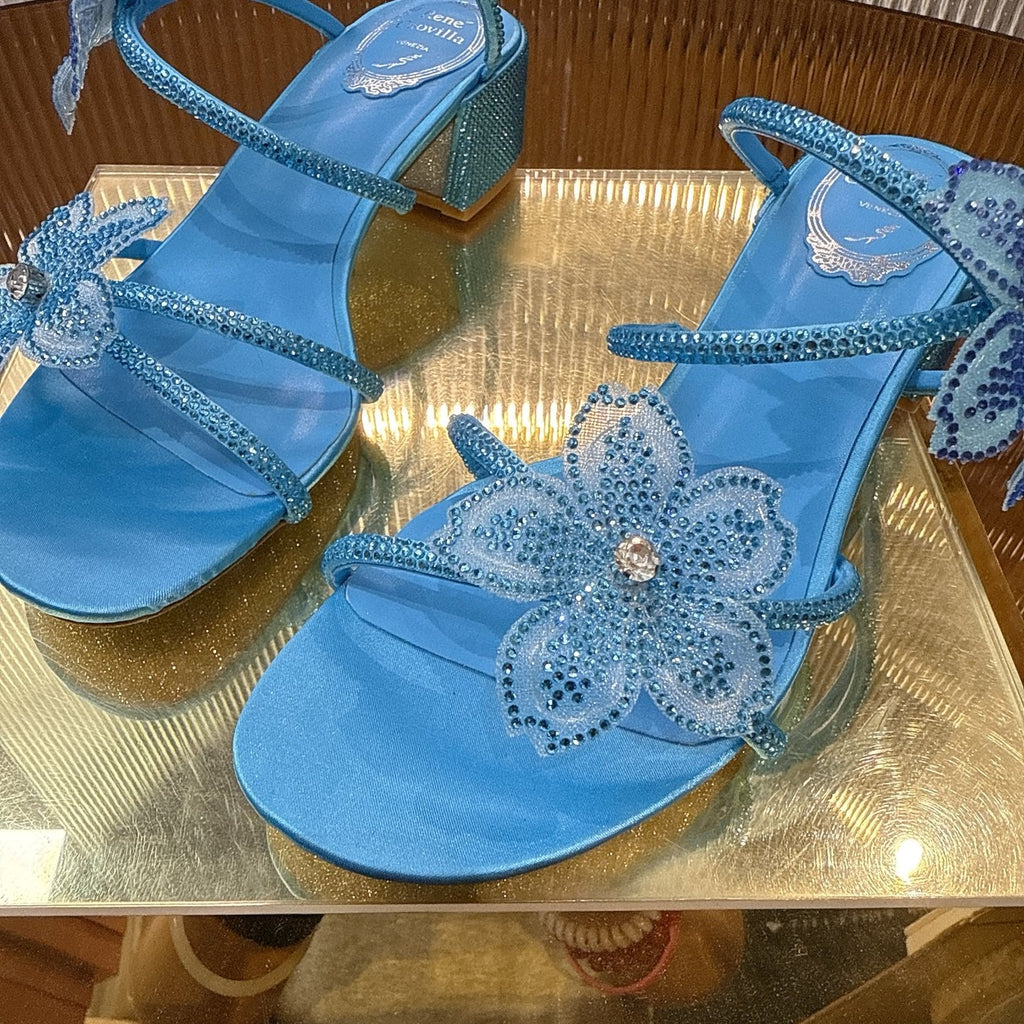 RENE CAOVILLA 26S FLOWER EMBELLISHED HEELS 45 MM IN BLUE LAMBSKIN