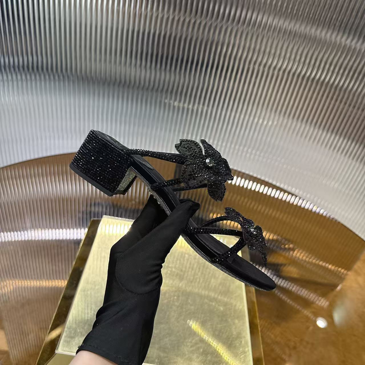 RENE CAOVILLA 26S FLOWER EMBELLISHED HEELS 45 MM IN BLACK LAMBSKIN
