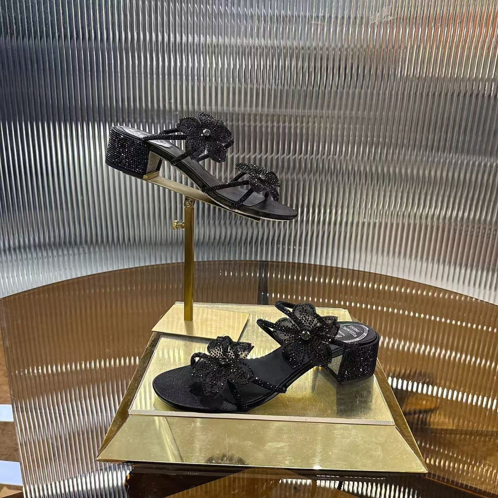 RENE CAOVILLA 26S FLOWER EMBELLISHED HEELS 45 MM IN BLACK LAMBSKIN