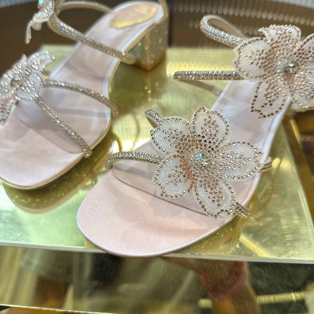 RENE CAOVILLA 26S FLOWER EMBELLISHED HEELS 45 MM IN NUDE BEIGE LAMBSKIN
