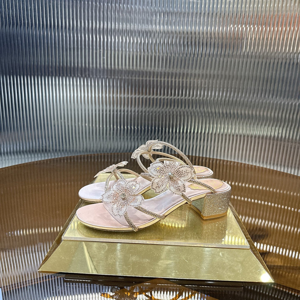 RENE CAOVILLA 26S FLOWER EMBELLISHED HEELS 45 MM IN NUDE BEIGE LAMBSKIN