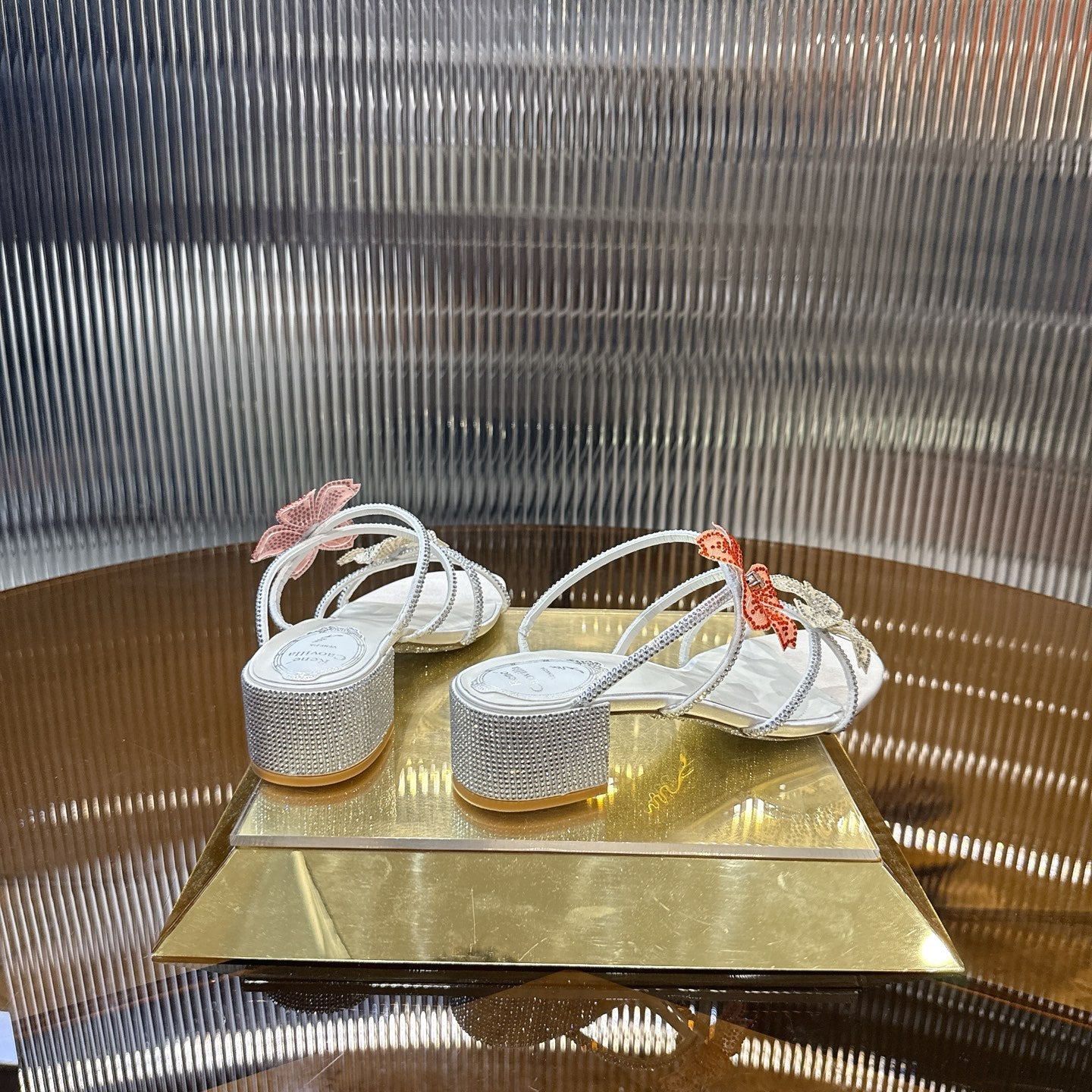 RENE CAOVILLA 26S FLOWER EMBELLISHED HEELS 45 MM IN CREAM WHITE LAMBSKIN