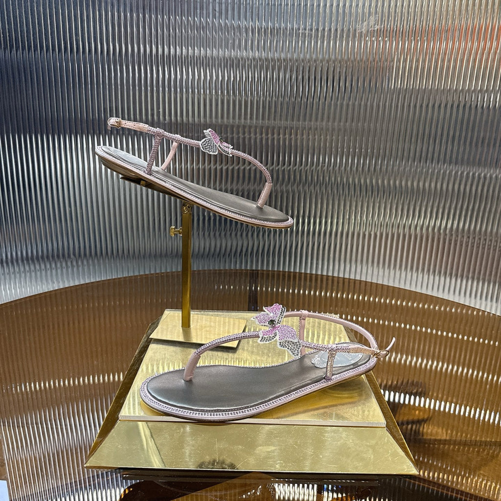 RENE CAOVILLA 26S BUTTERFLY THONG SANDALS IN SILVER & PINK LAMBSKIN