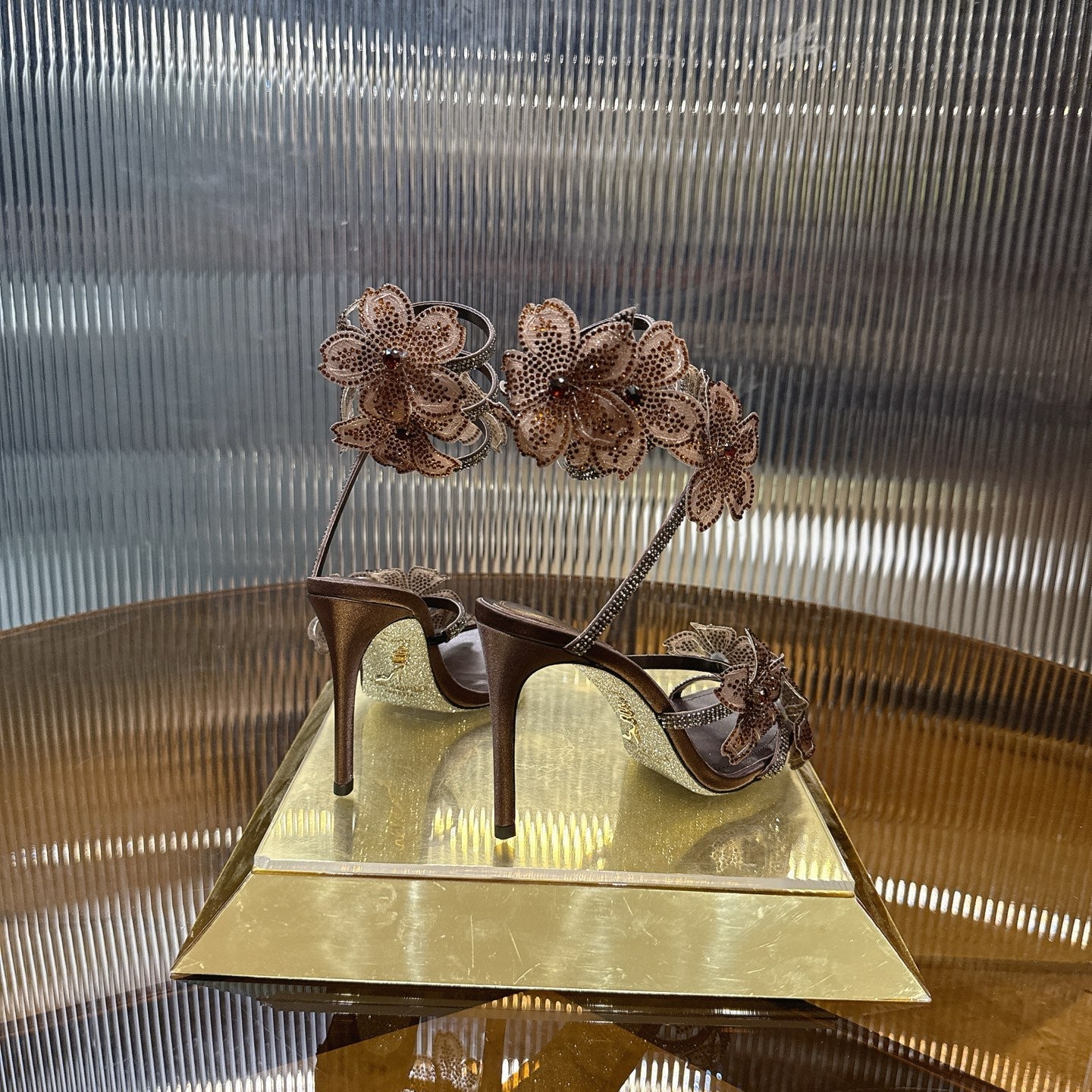 RENE CAOVILLA 26S FLORIANE HIGH HEELS 95 MM IN BROWN LAMBSKIN FLOWER EMBELLISHED STRAP
