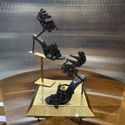 RENE CAOVILLA 26S FLORIANE HIGH HEELS 95 MM IN BLACK LAMBSKIN FLOWER EMBELLISHED STRAP