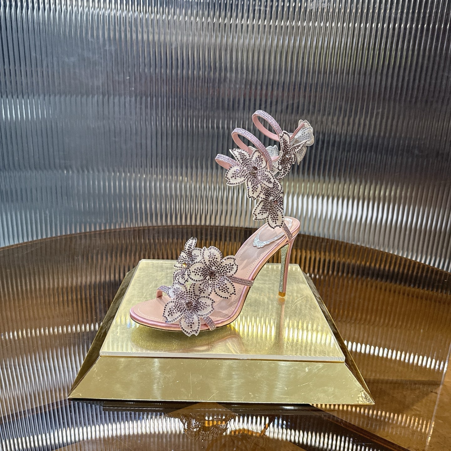 RENE CAOVILLA 26S FLORIANE HIGH HEELS 95 MM IN NUDE PINK LAMBSKIN FLOWER EMBELLISHED STRAP