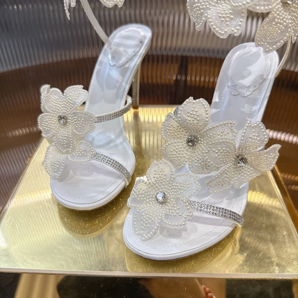 RENE CAOVILLA 26S FLORIANE HIGH HEELS 95 MM IN WHITE LAMBSKIN FLOWER EMBELLISHED STRAP