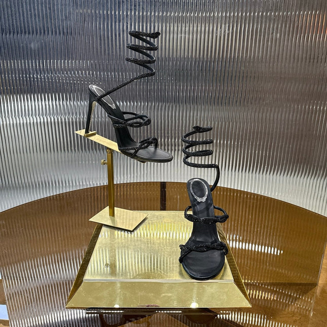 RENE CAOVILLA 26S CRYSTAL WRAP HEELS 95 MM IN BLACK LAMBSKIN