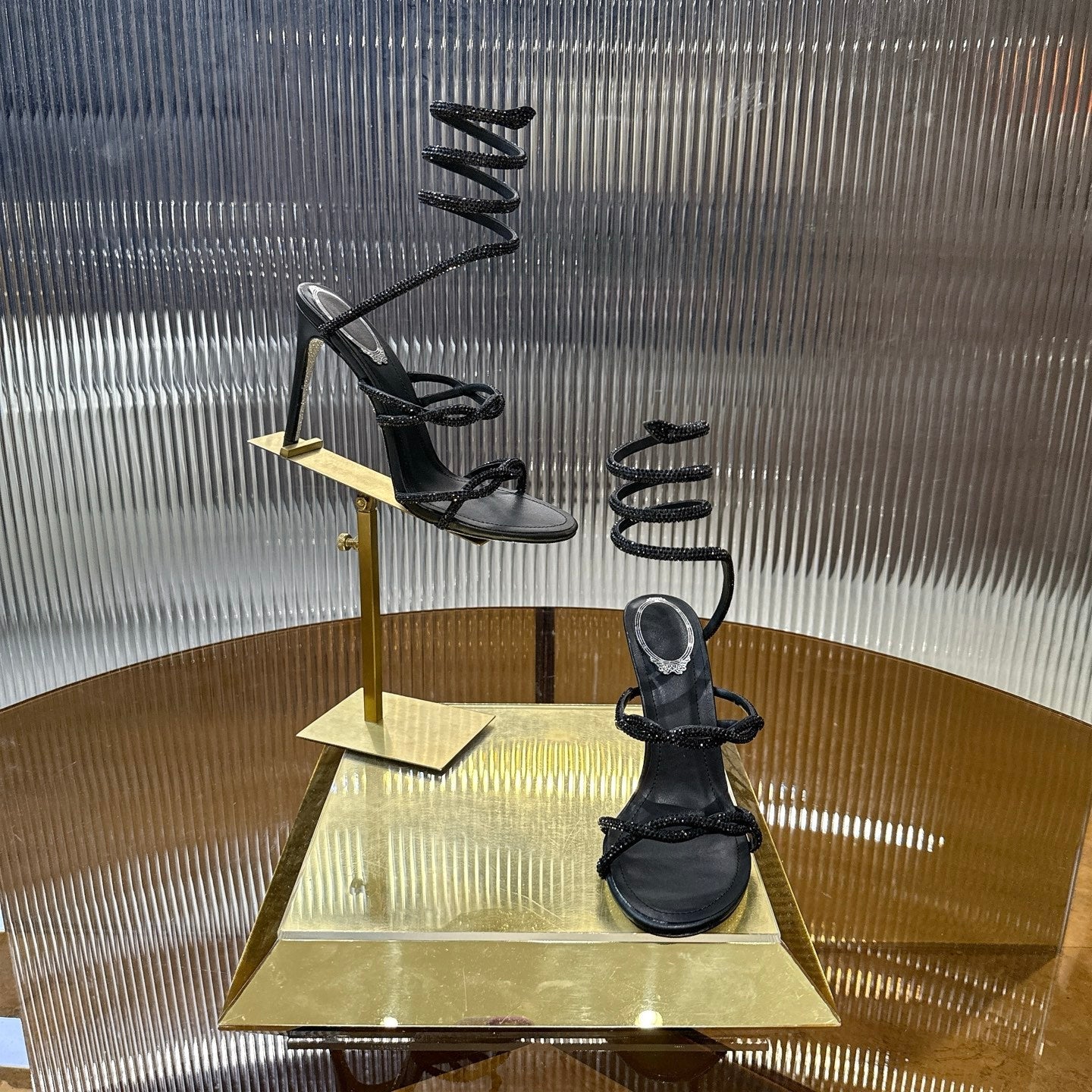 RENE CAOVILLA 26S CRYSTAL WRAP HEELS 95 MM IN BLACK LAMBSKIN