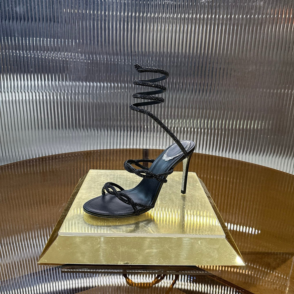 RENE CAOVILLA 26S CRYSTAL WRAP HEELS 95 MM IN BLACK LAMBSKIN
