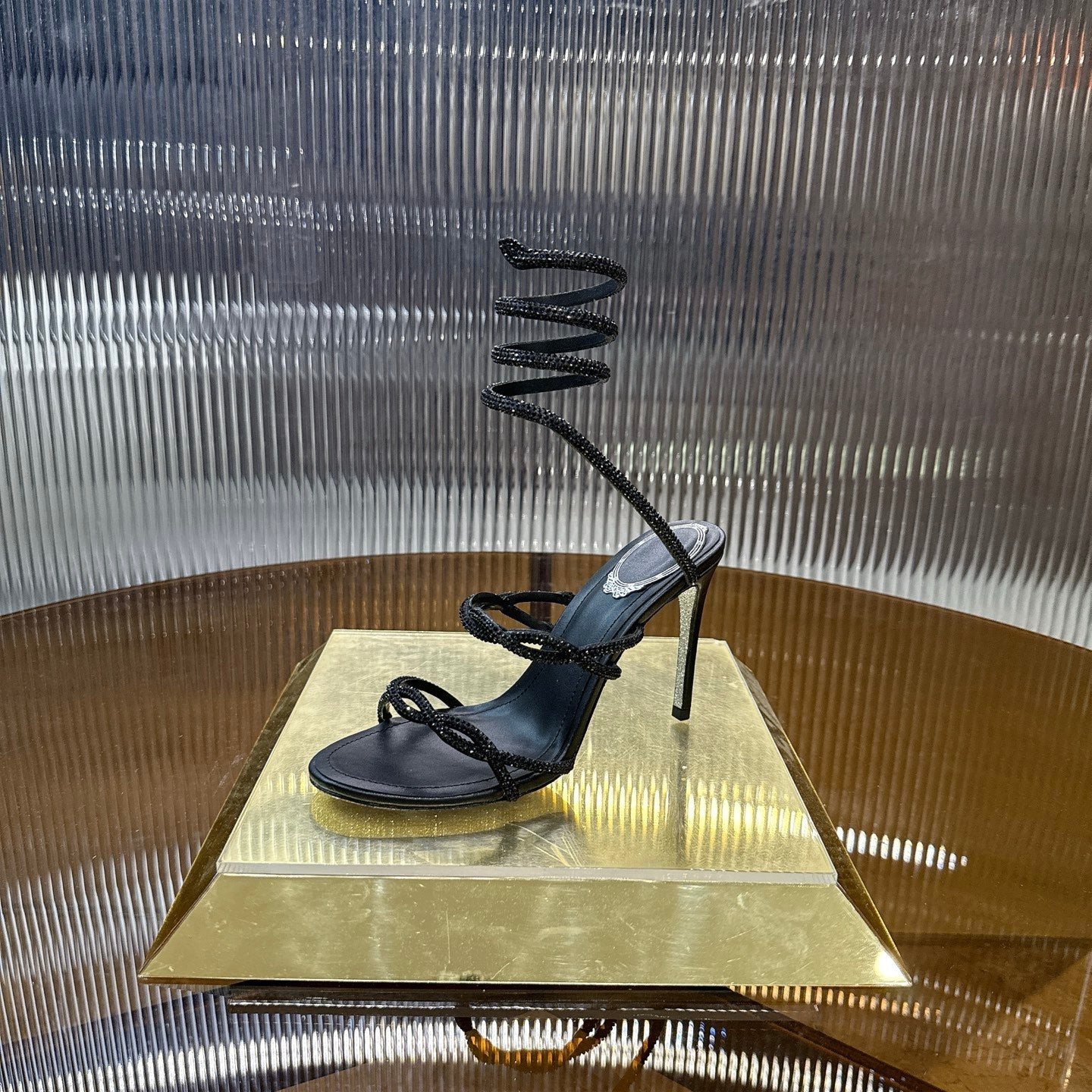 RENE CAOVILLA 26S CRYSTAL WRAP HEELS 95 MM IN BLACK LAMBSKIN
