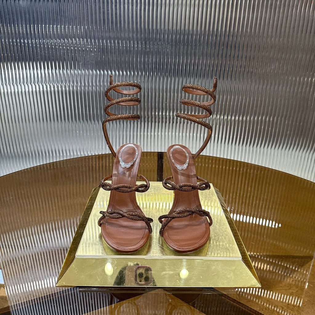 RENE CAOVILLA 26S CRYSTAL WRAP HEELS 95 MM IN BROWN LAMBSKIN