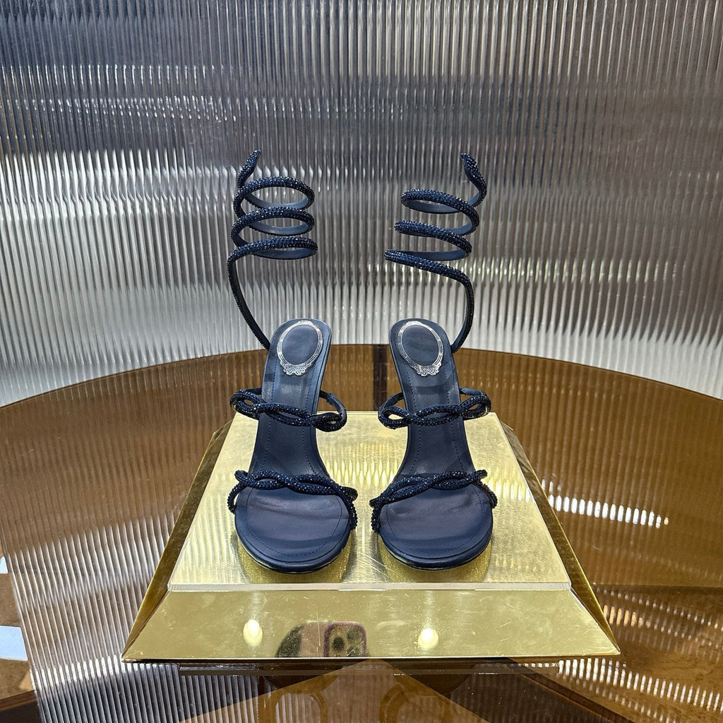 RENE CAOVILLA 26S CRYSTAL WRAP HEELS 95 MM IN DARK BLUE LAMBSKIN