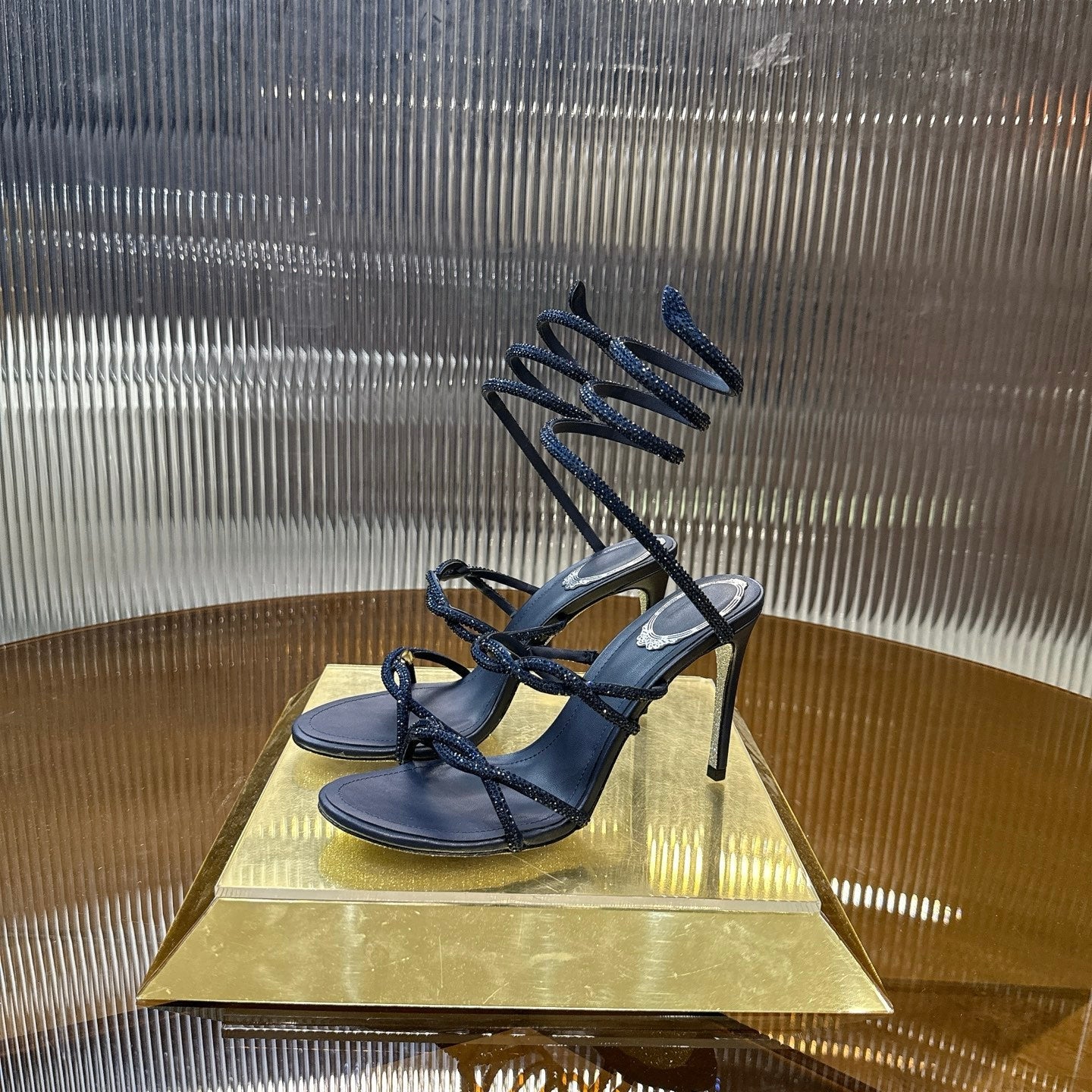 RENE CAOVILLA 26S CRYSTAL WRAP HEELS 95 MM IN DARK BLUE LAMBSKIN
