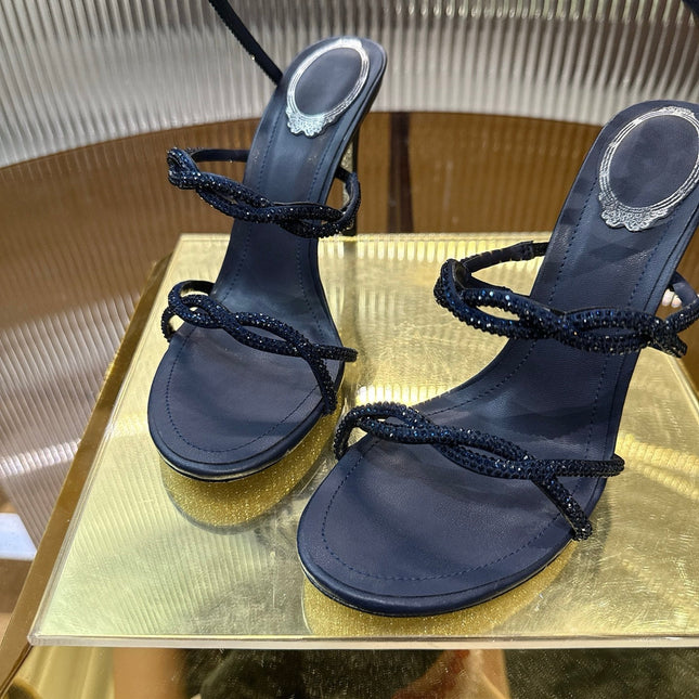 RENE CAOVILLA 26S CRYSTAL WRAP HEELS 95 MM IN DARK BLUE LAMBSKIN