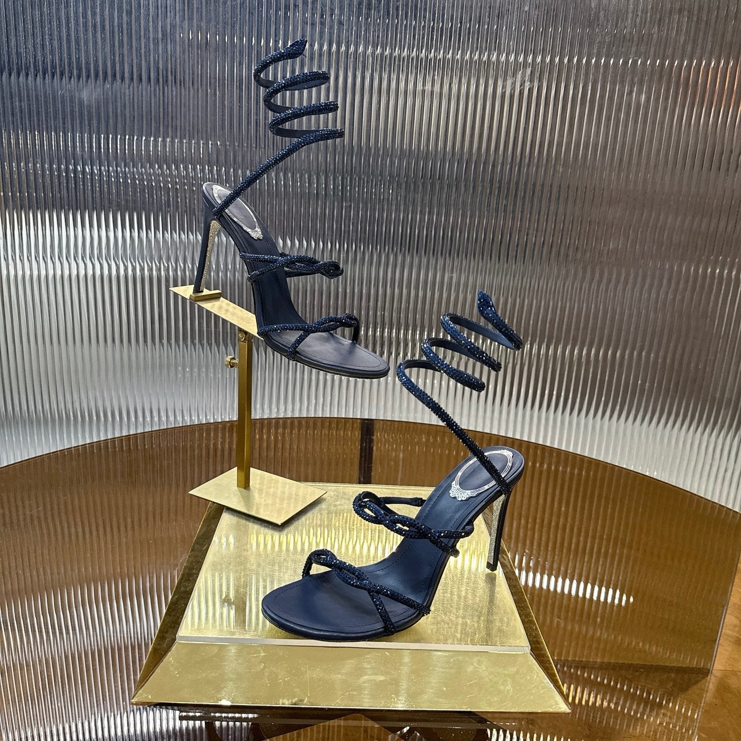 RENE CAOVILLA 26S CRYSTAL WRAP HEELS 95 MM IN DARK BLUE LAMBSKIN