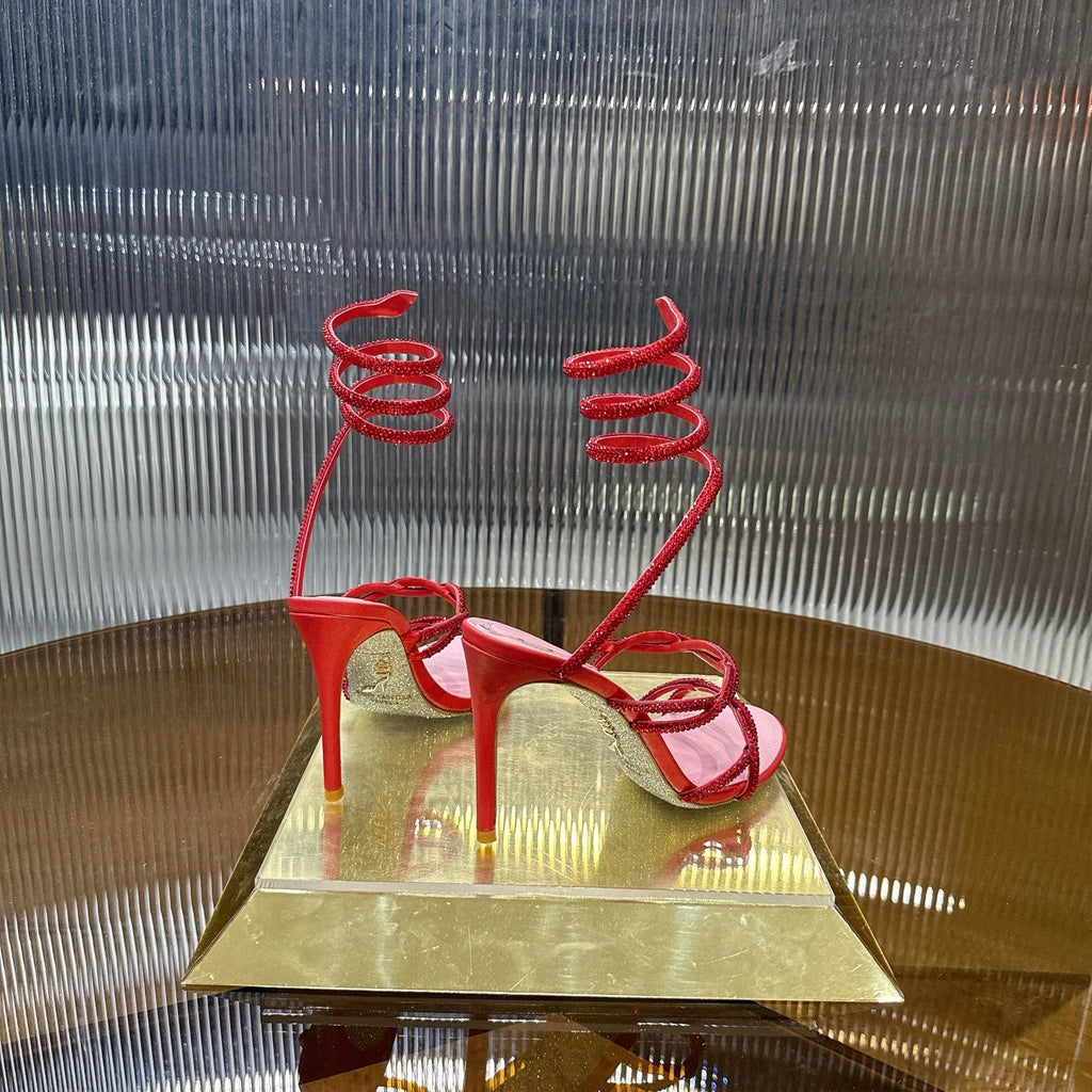 RENE CAOVILLA 26S CRYSTAL WRAP HEELS 95 MM IN RED LAMBSKIN