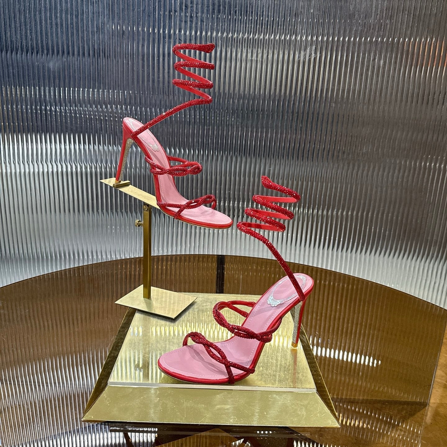RENE CAOVILLA 26S CRYSTAL WRAP HEELS 95 MM IN RED LAMBSKIN