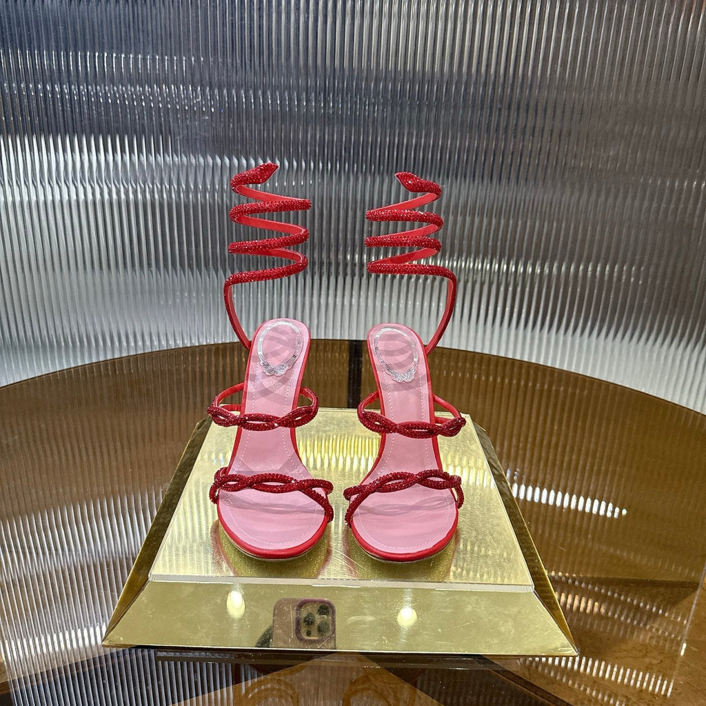 RENE CAOVILLA 26S CRYSTAL WRAP HEELS 95 MM IN RED LAMBSKIN