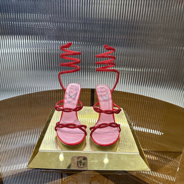 RENE CAOVILLA 26S CRYSTAL WRAP HEELS 95 MM IN RED LAMBSKIN
