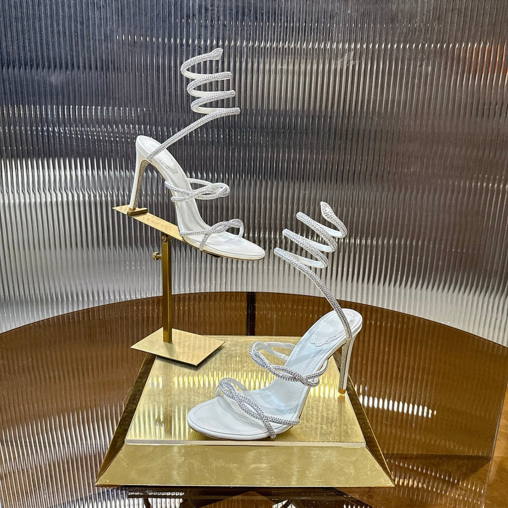 RENE CAOVILLA 26S CRYSTAL WRAP HEELS 95 MM IN WHITE LAMBSKIN