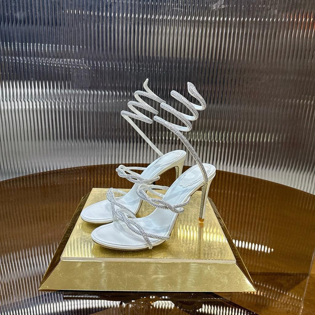 RENE CAOVILLA 26S CRYSTAL WRAP HEELS 95 MM IN WHITE LAMBSKIN