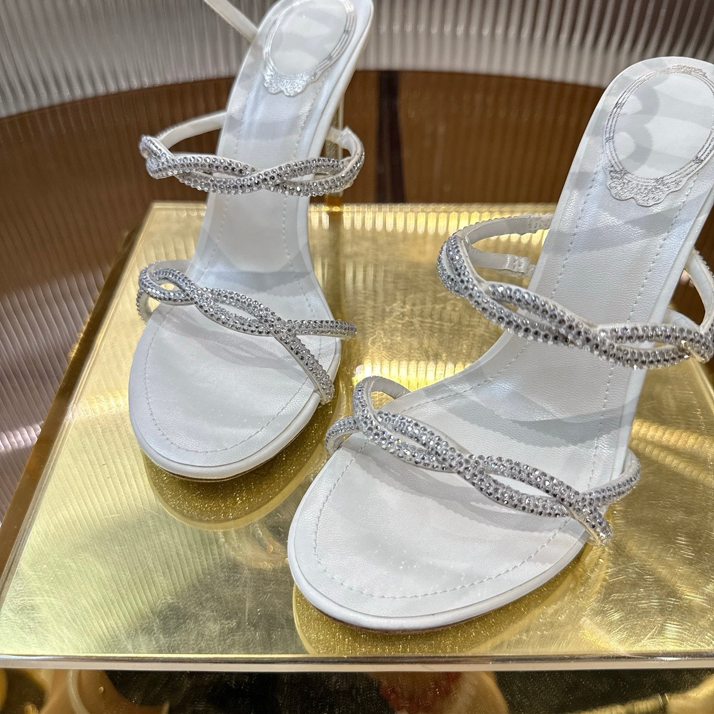 RENE CAOVILLA 26S CRYSTAL WRAP HEELS 95 MM IN WHITE LAMBSKIN
