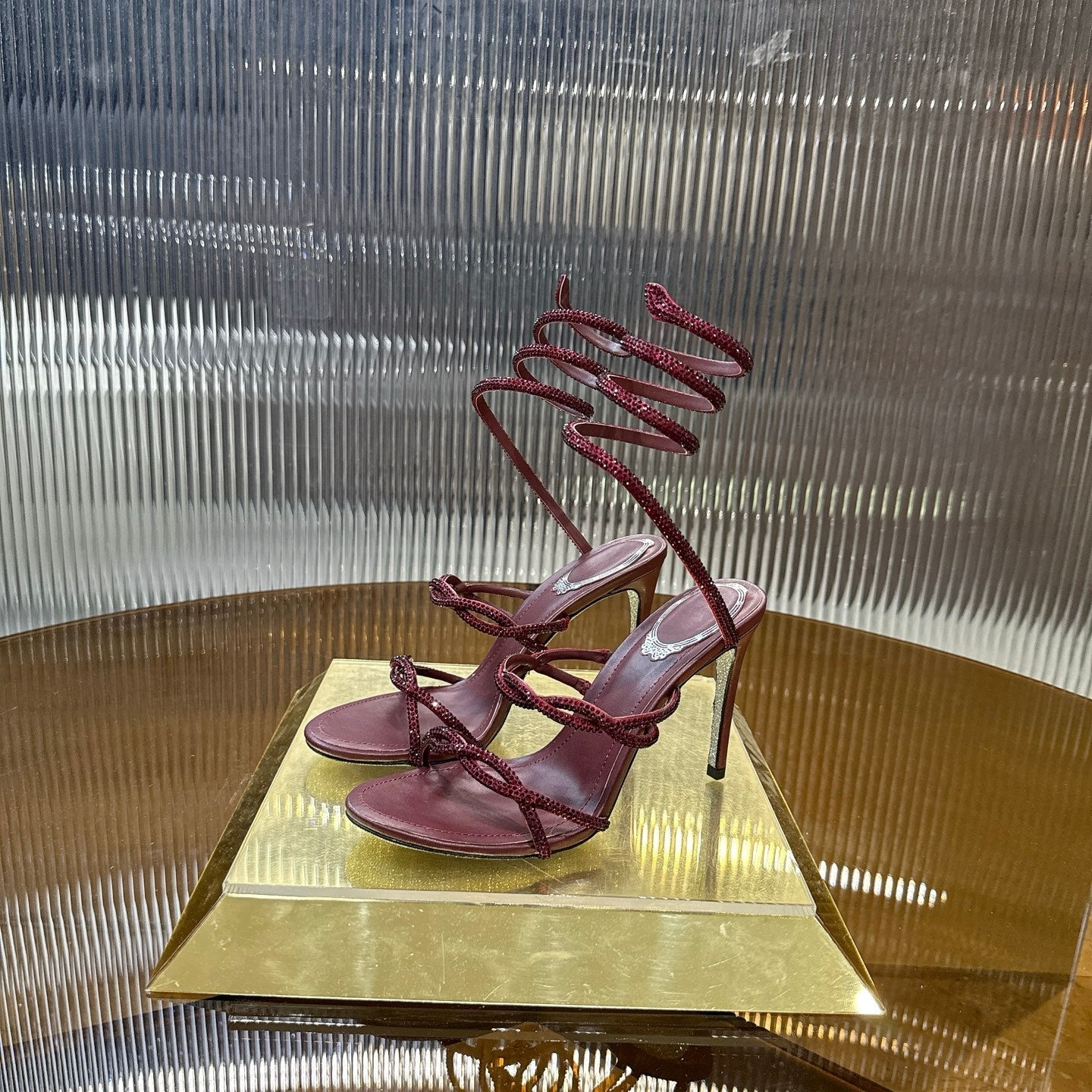 RENE CAOVILLA 26S CRYSTAL WRAP HEELS 95 MM IN DARK RED LAMBSKIN