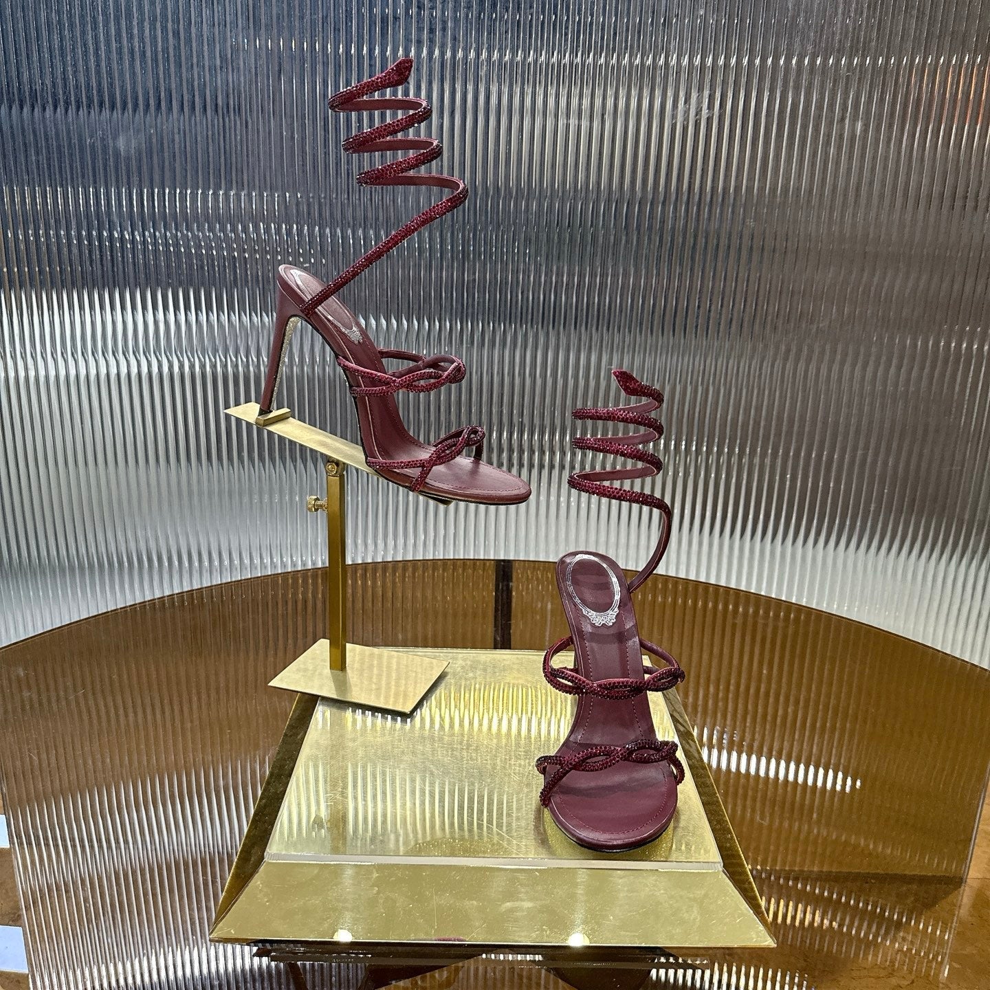 RENE CAOVILLA 26S CRYSTAL WRAP HEELS 95 MM IN DARK RED LAMBSKIN